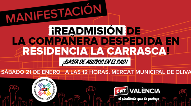 <strong>¡Convocamos manifestación para exigir la readmisión de nuestra compañera en la Residencia “La Carrasca”!</strong>